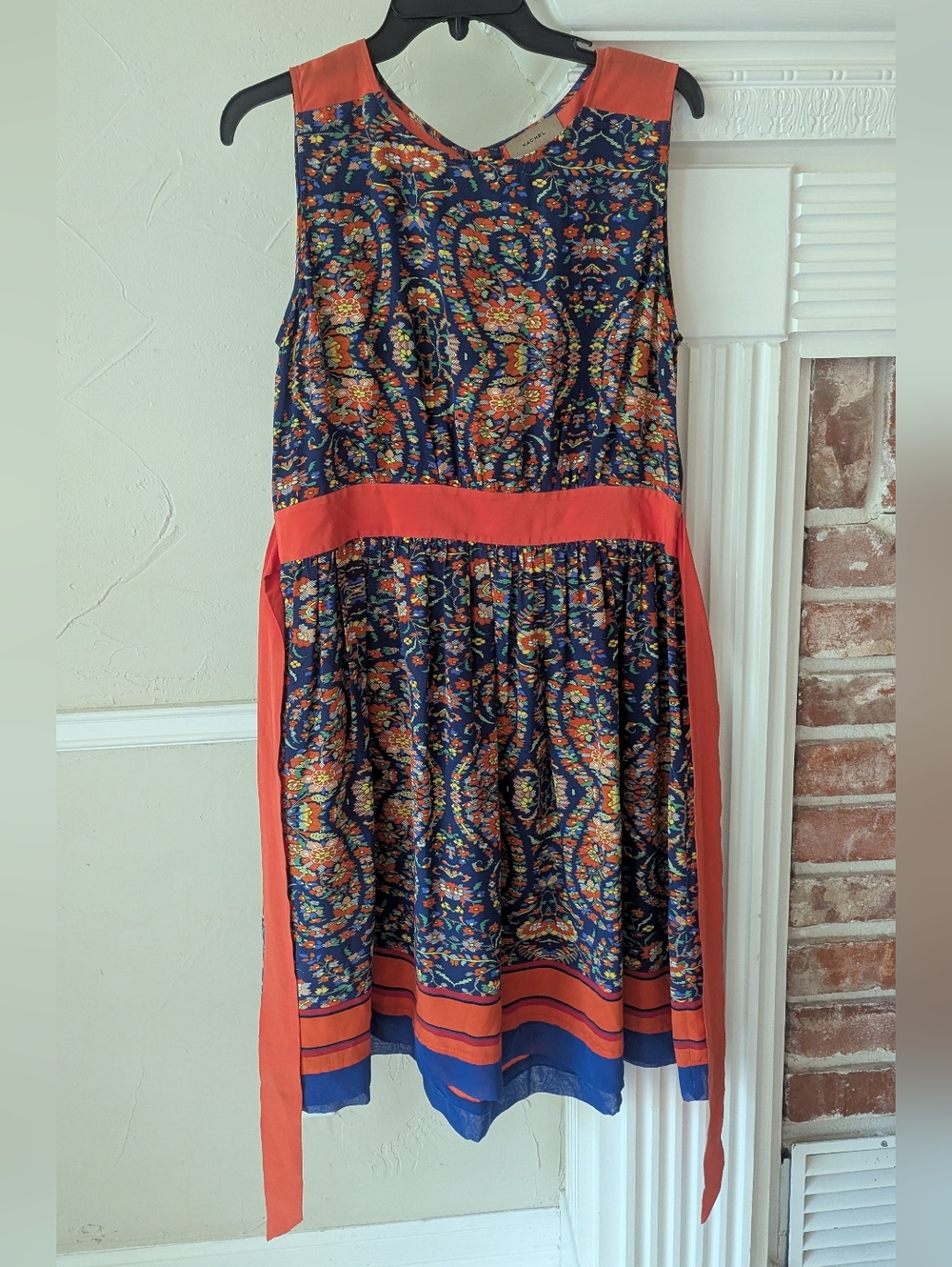 Kachel | Sleeveless Navy‎ Paisley Midi Dress with Coral Trim